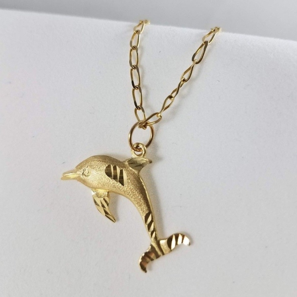 14K Solid Gold Dolphin Charm Pendant